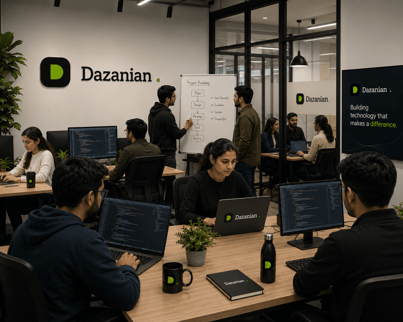 The Dazanian Technologies team working together in the office